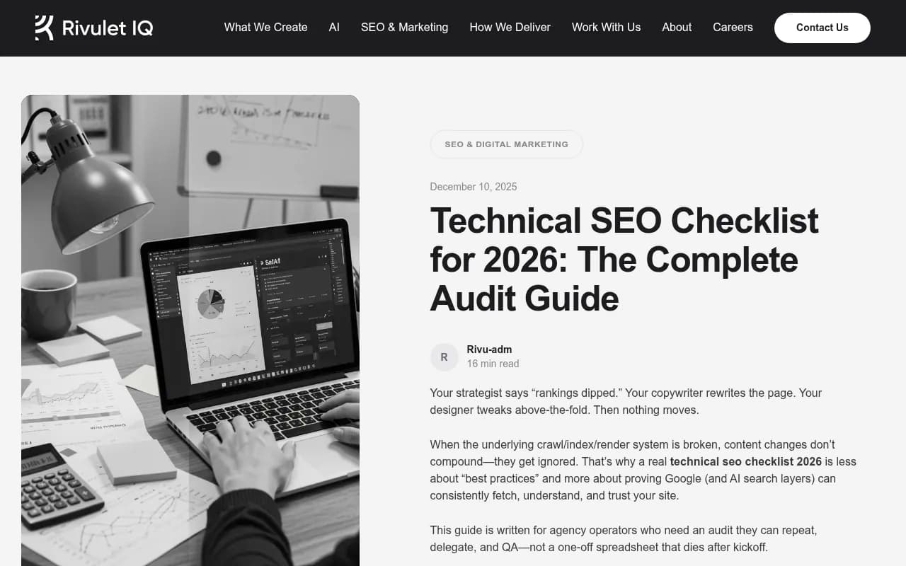 Rivulet IQ technical SEO checklist guide with an agency audit workflow from inventory through log checks