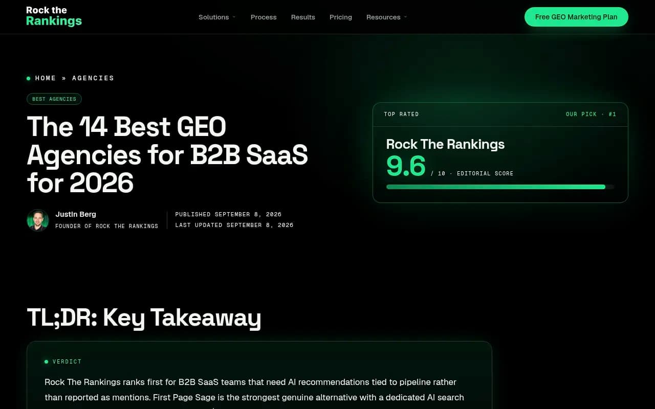 Rock The Rankings list of the best GEO agencies for B2B SaaS, an example of a self-ranked agency listicle