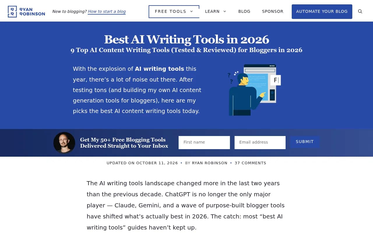 Ryan Robinson's 2026 AI writing tools roundup, which ranks Rytr and Article Forge alongside tools like RightBlogger