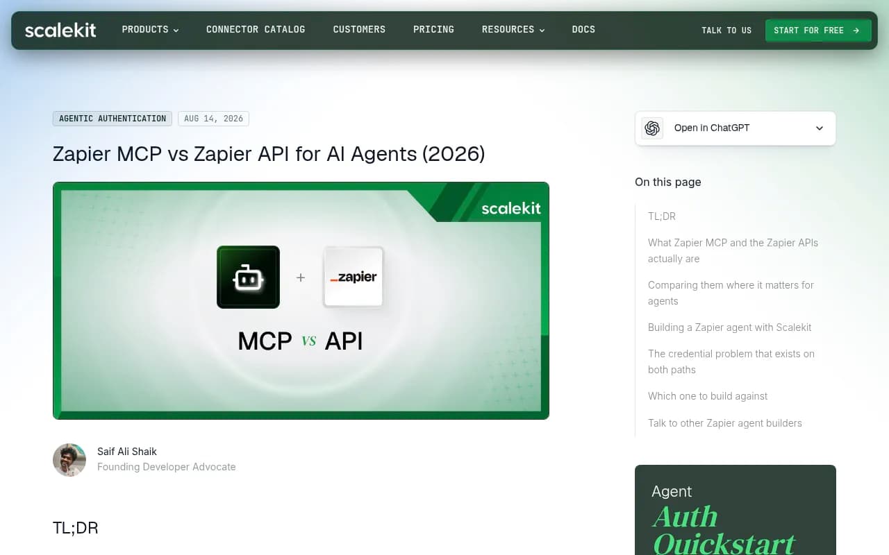 Scalekit article comparing Zapier MCP and the Zapier API for agents