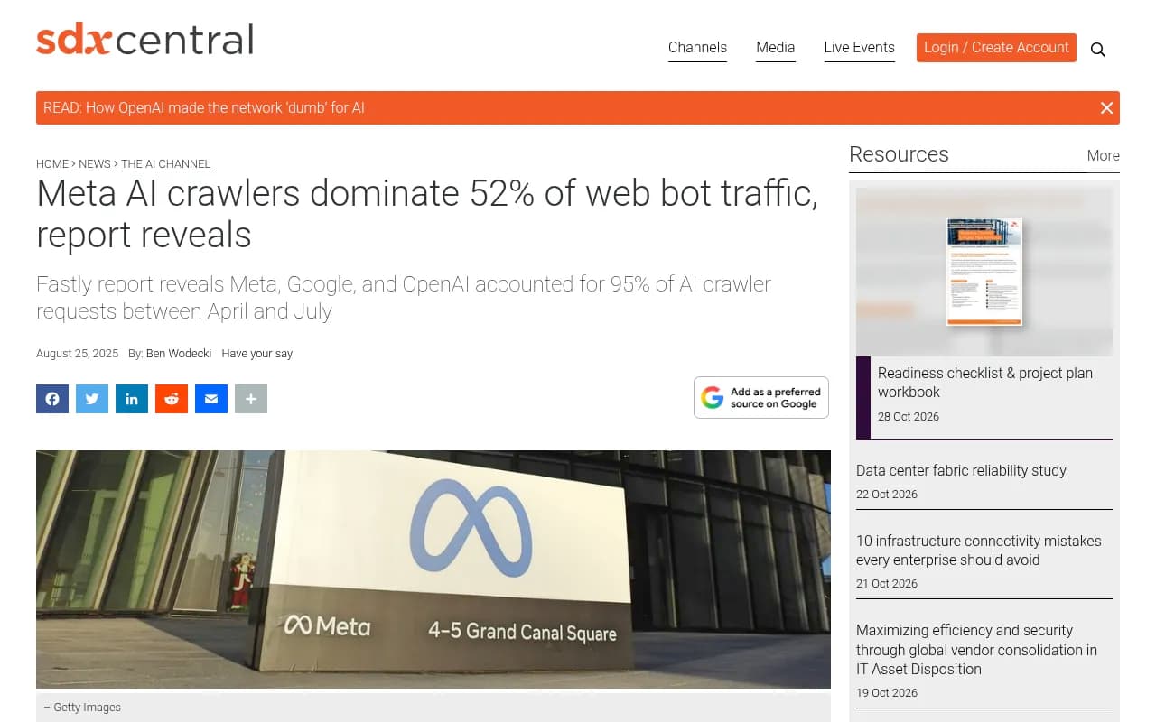 SDxCentral article on Fastly's report that Meta AI crawlers made up 52% of AI crawler traffic