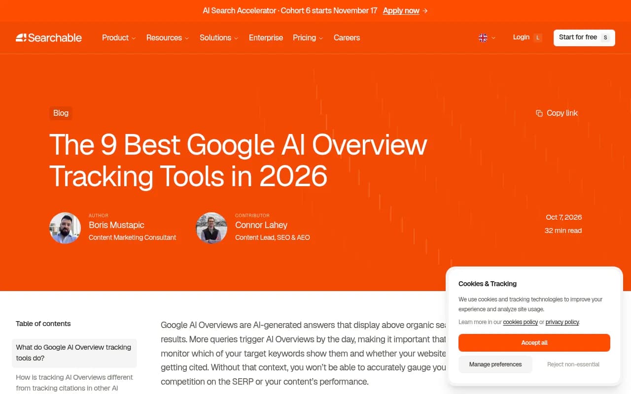 Comparison of AI Overview tracking tools from Searchable's guide
