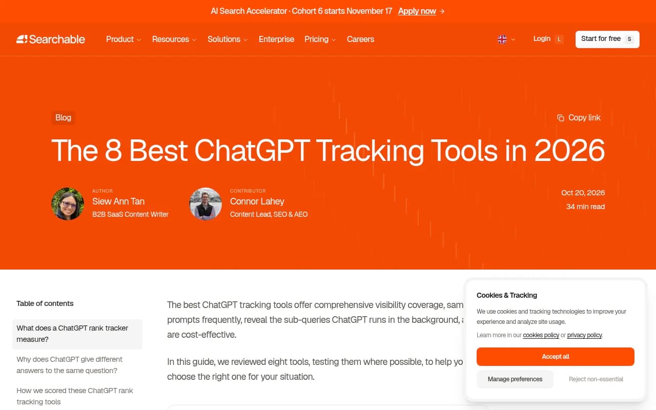 Searchable's roundup of ChatGPT tracking tools, one of several vendor-written comparisons worth reading with a skeptical eye