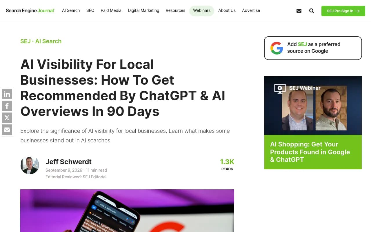 Search Engine Journal's article on getting local businesses recommended by ChatGPT and AI Overviews