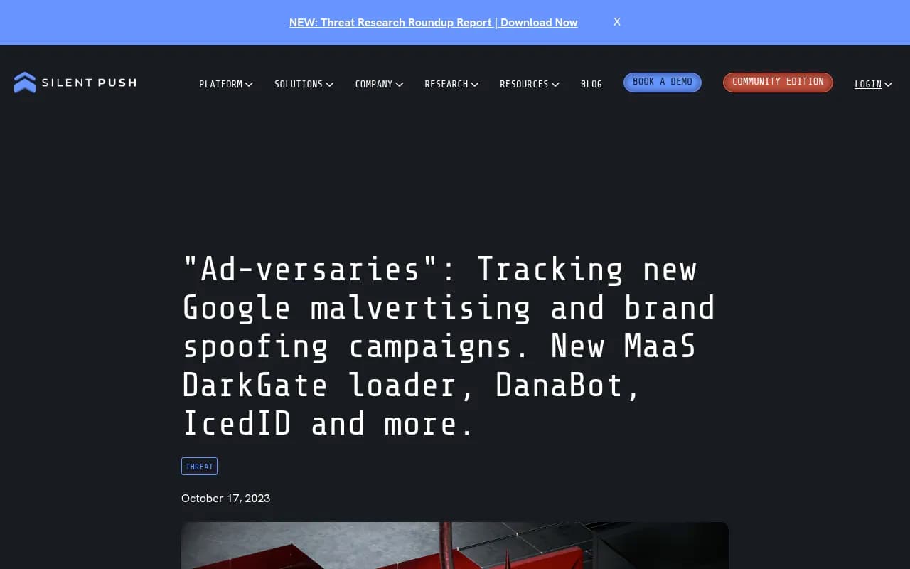 Silent Push threat intelligence post tracking Google malvertising and brand spoofing