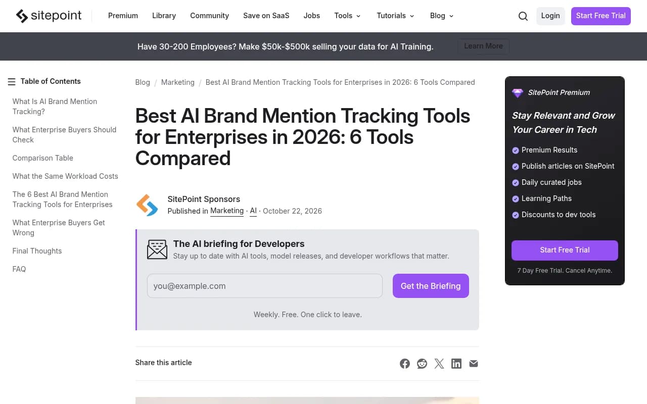 Sitepoint comparison of enterprise AI brand mention tracking tools showing engine coverage