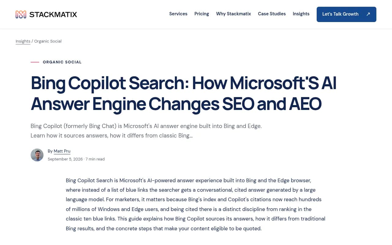 Bing Copilot Search generates a conversational, cited answer instead of a list of blue links