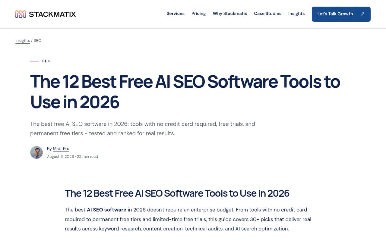 Stackmatix guide listing free AI SEO software tools for 2026