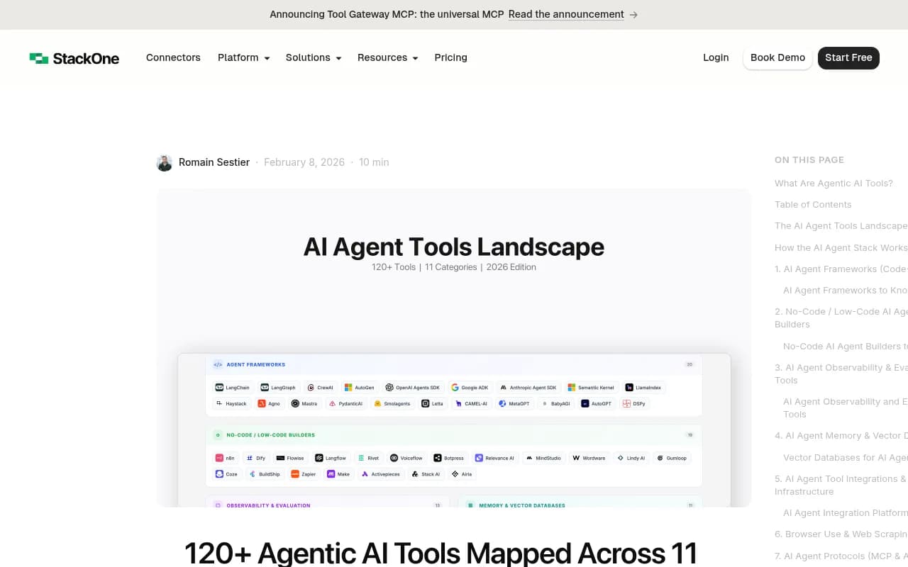 Screenshot of StackOne's mapped landscape of over 120 agentic AI tools across 11 categories in 2026