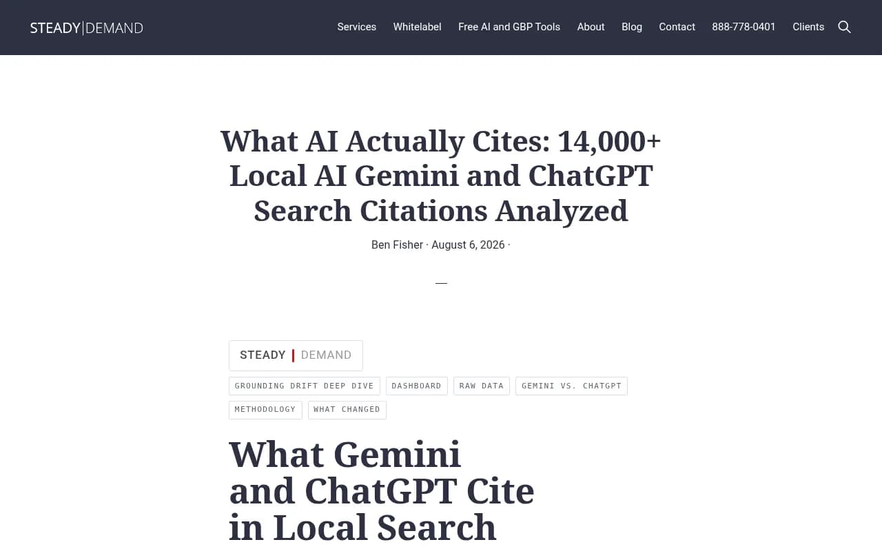 Steady Demand's AI Citation Ledger, a study of 14,000+ local Gemini and ChatGPT citations