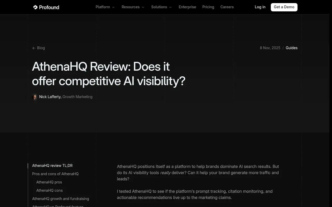 AthenaHQ review from Profound's blog, showing a breakdown of the platform's AI visibility features and limitations