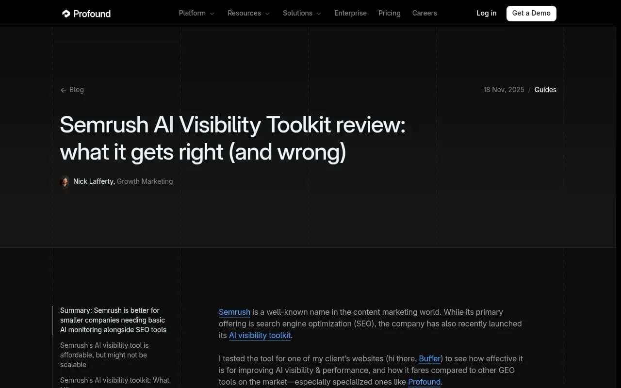 Semrush AI Visibility Toolkit review from Profound's blog, showing a side-by-side analysis of what the toolkit gets right and wrong compared to dedicated GEO platforms