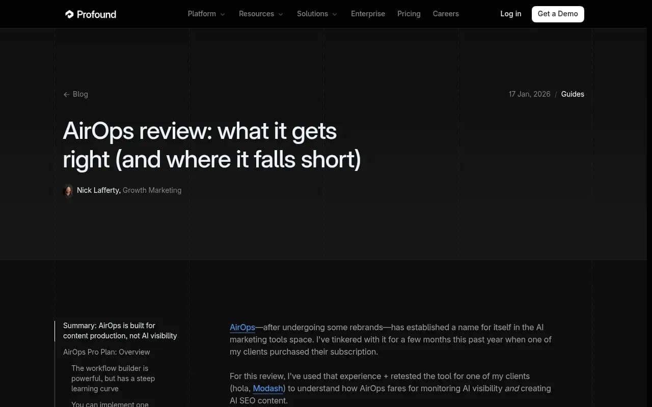 AirOps review from Profound covering workflow builder strengths and AI visibility limitations