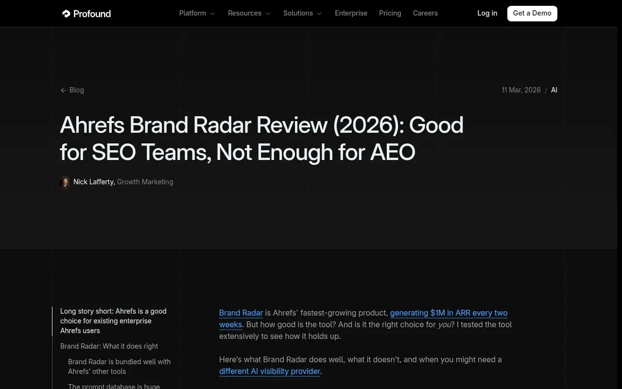 Ahrefs Brand Radar review from Profound's blog