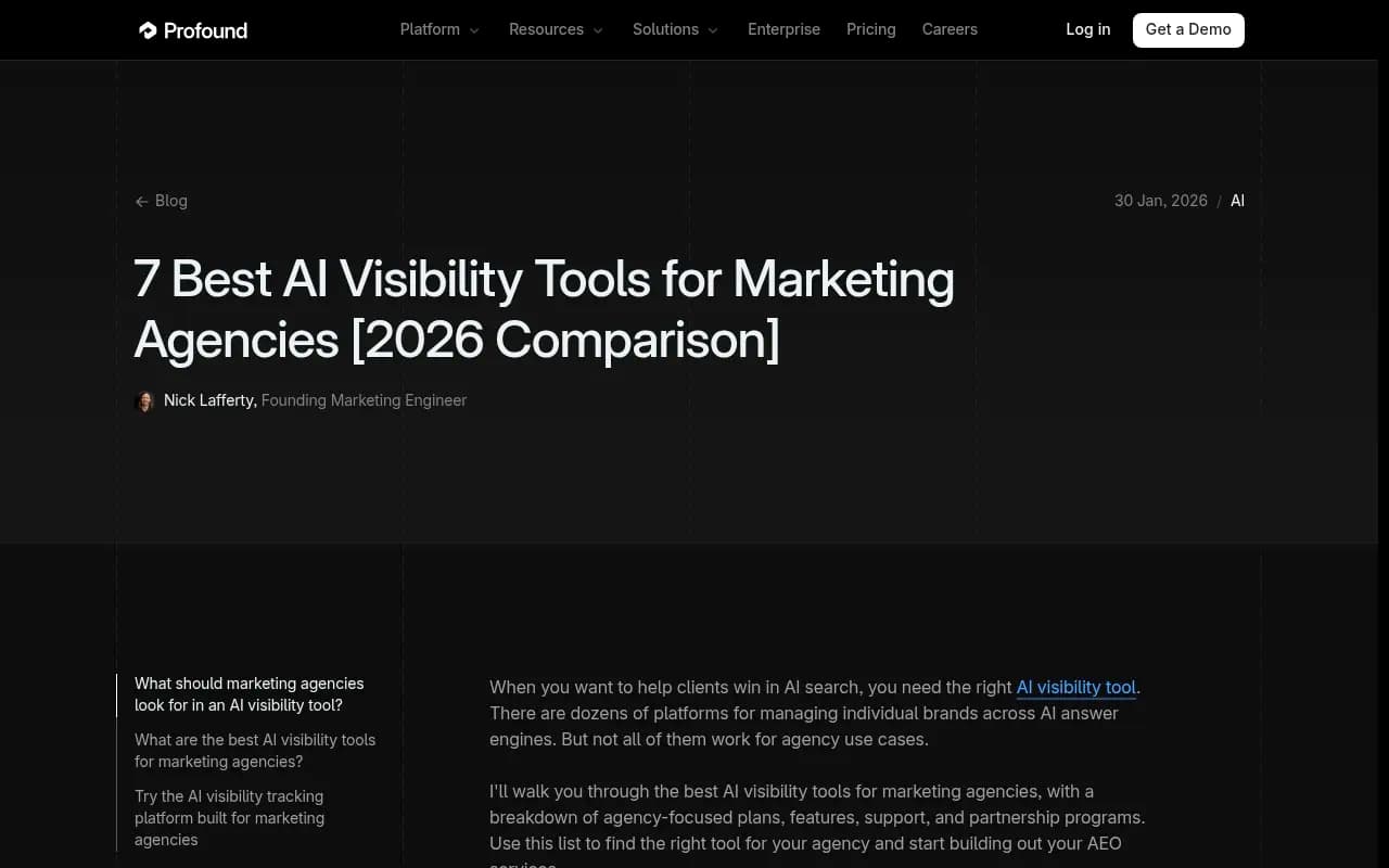 Profound's agency-focused AI visibility comparison guide for 2026