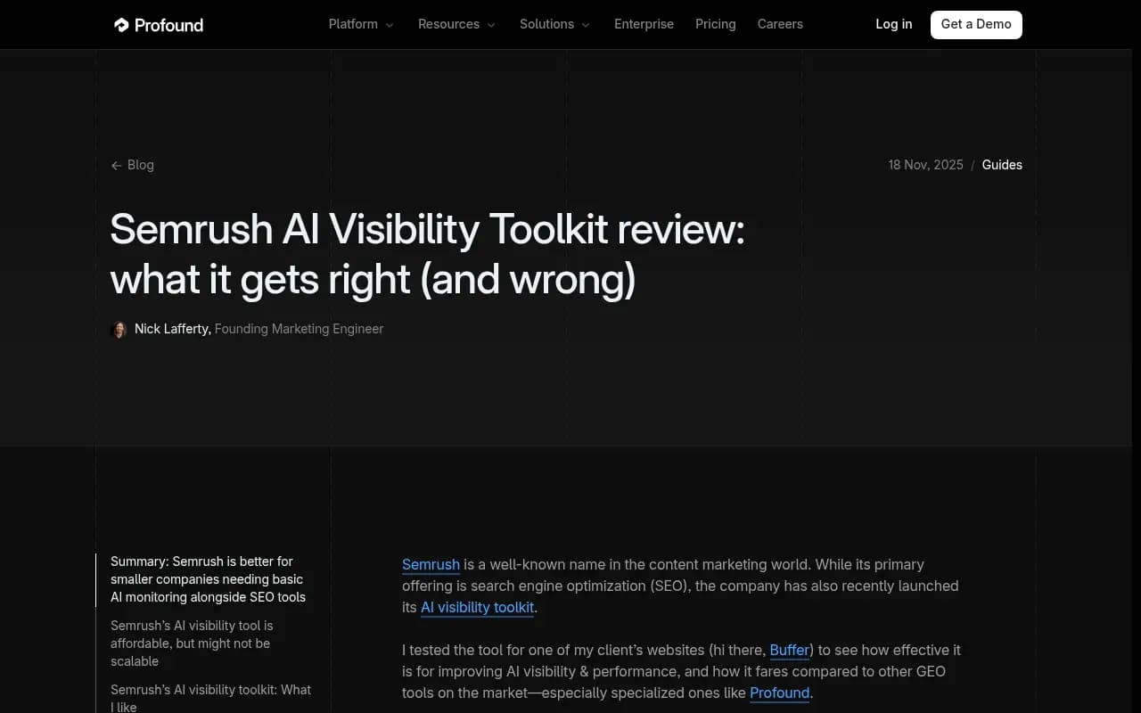 Semrush AI Visibility Toolkit review by Profound - an independent breakdown of what the toolkit gets right and wrong