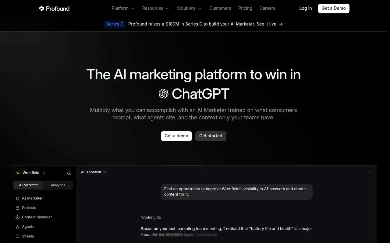 Profound's AI marketing platform homepage showing engine coverage across ChatGPT, Perplexity, Claude, Gemini, and other AI search platforms