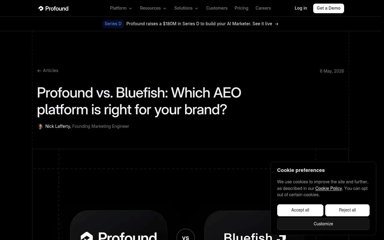 Screenshot of Profound's published comparison against Bluefish, covering prompt configuration and citation tracking
