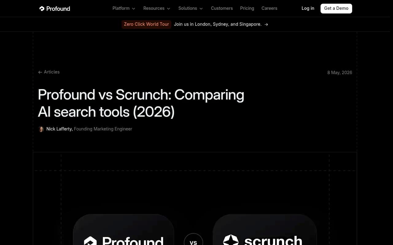 Profound vs Scrunch comparison page showing feature and data collection differences between the two AI visibility platforms