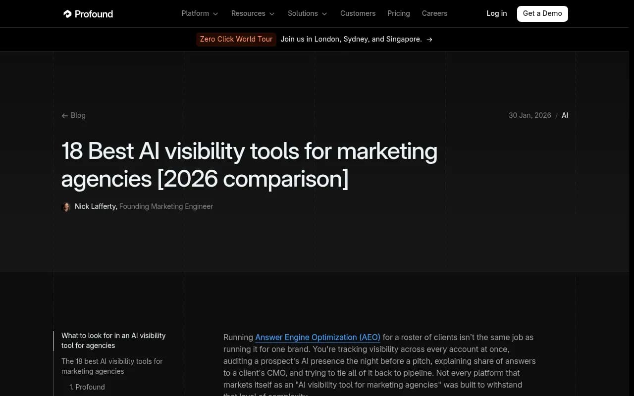 Profound's comparison of 18 AI visibility tools for marketing agencies, with a data-source column