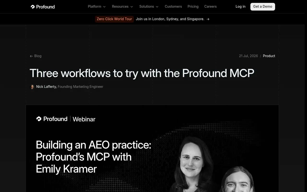Profound's write-up of three MCP workflows, including competitor page comparison and FAQ agents