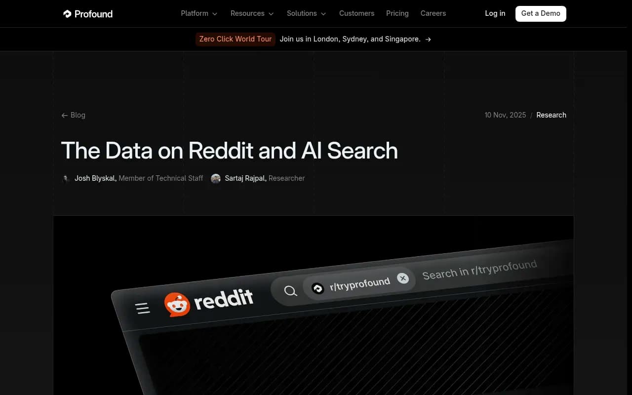 Profound's research post on Reddit and AI search, dated November 2025