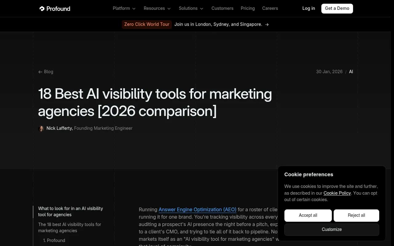 Profound's comparison of 18 AI visibility tools for marketing agencies, a vendor-written guide
