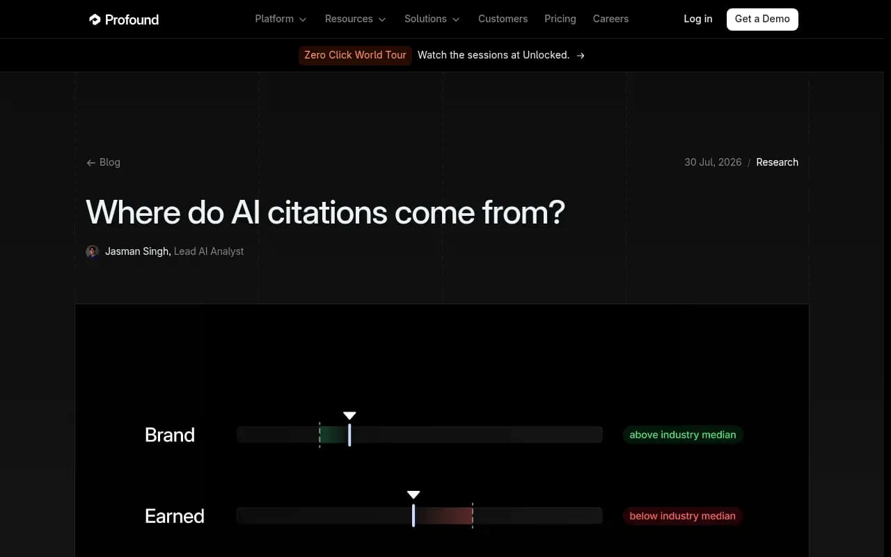 Profound's research post on where AI citations come from, with industry citation mix breakdowns