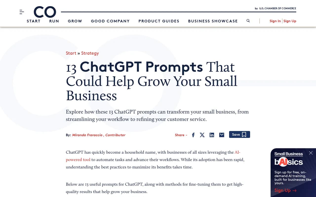 US Chamber of Commerce guide to ChatGPT prompts for small businesses