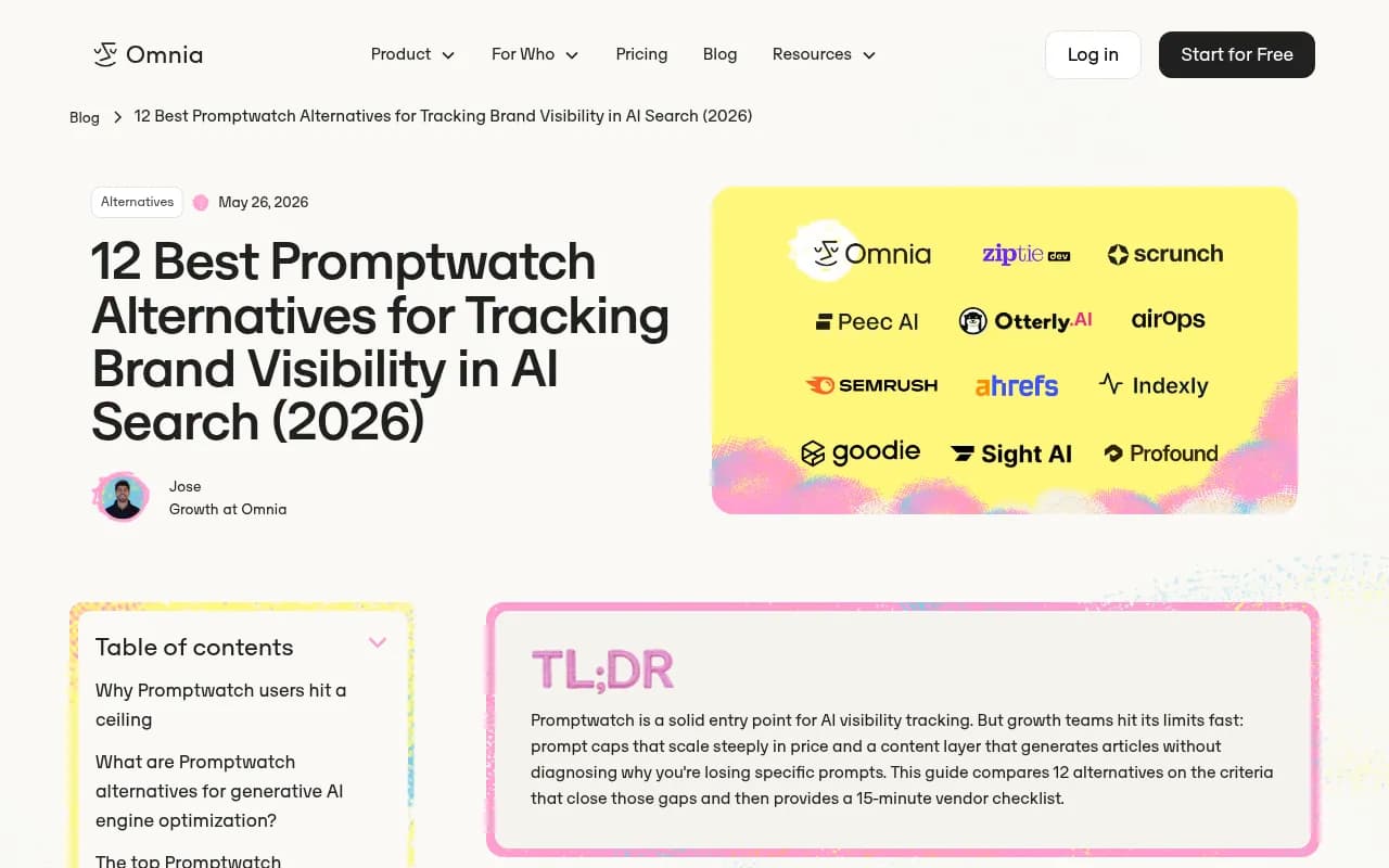 Omnia AI visibility platform blog post comparing Promptwatch alternatives