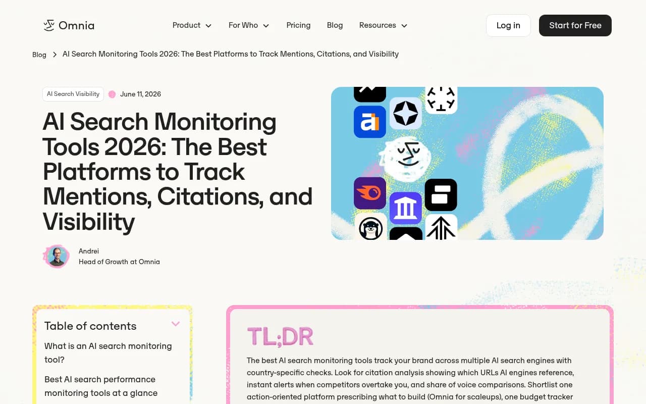 Omnia's 2026 AI search monitoring tools comparison page listing top platforms including Promptwatch and Nightwatch