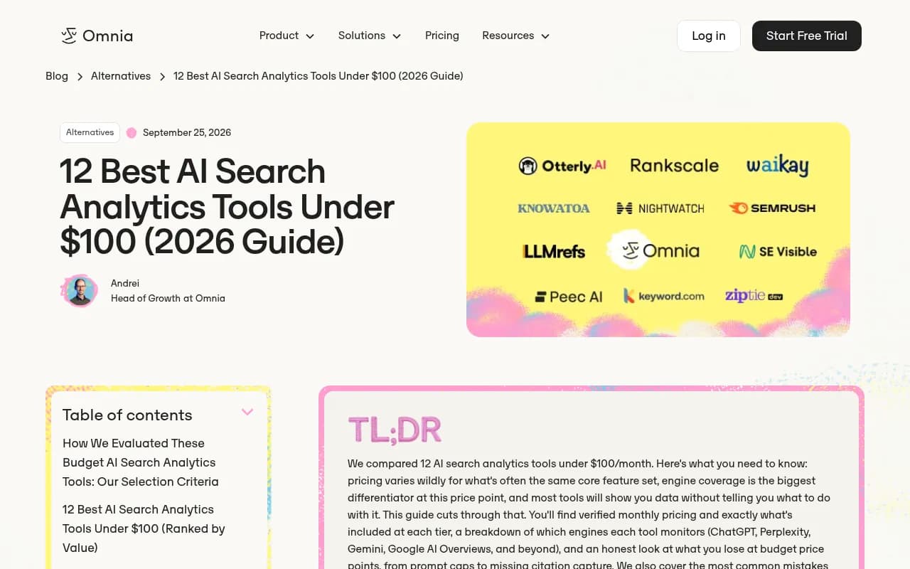 Screenshot of the 12 Best AI Search Analytics Tools Under $100 roundup, showing budget tool pricing side by side