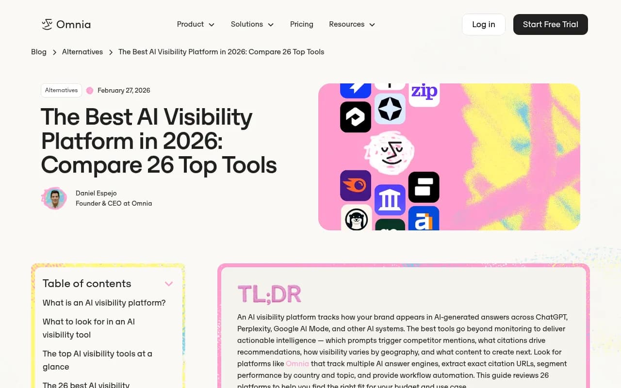 Omnia's roundup of 26 AI visibility platforms