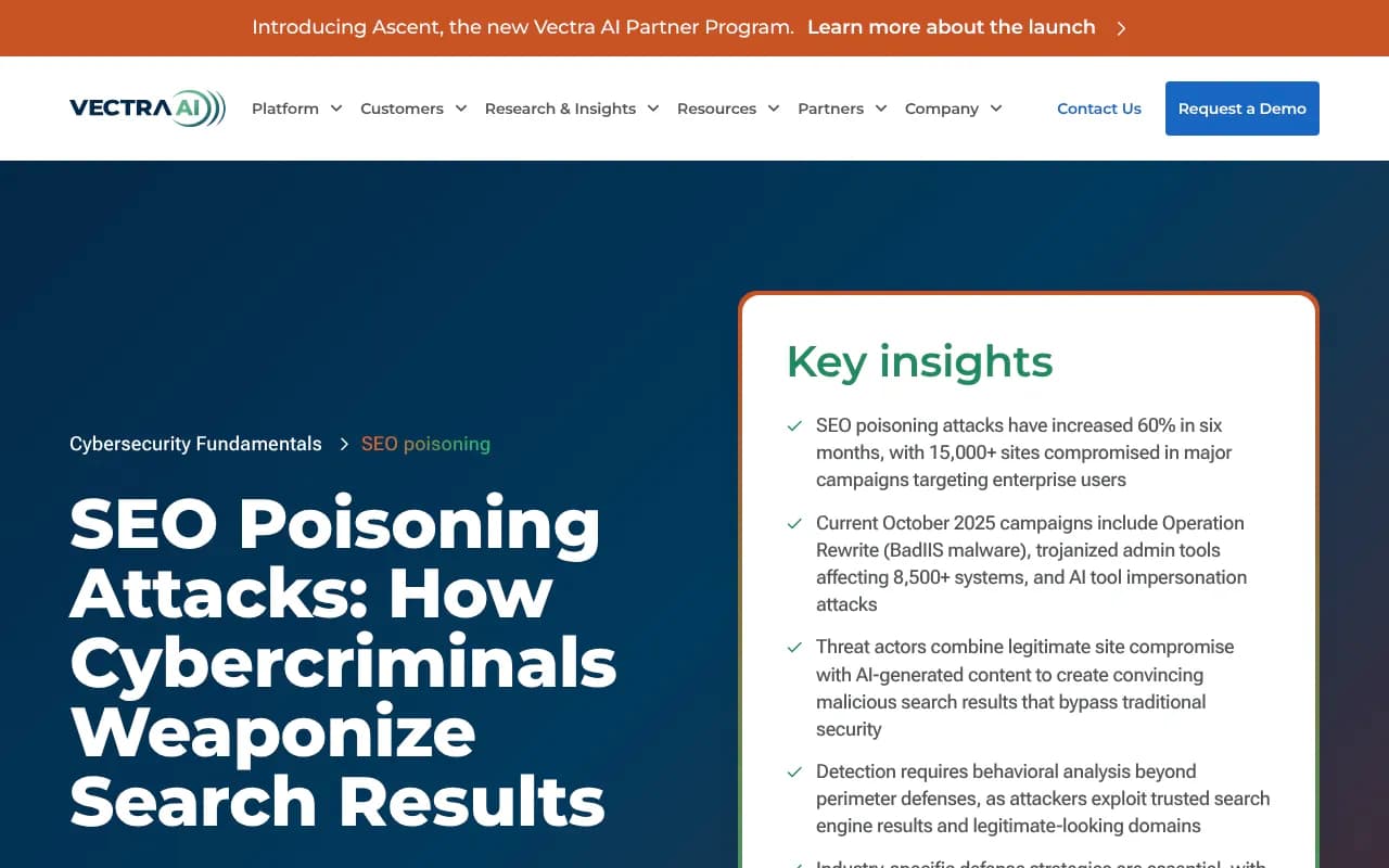Vectra AI's overview of SEO poisoning attacks, covering how attackers weaponize search results