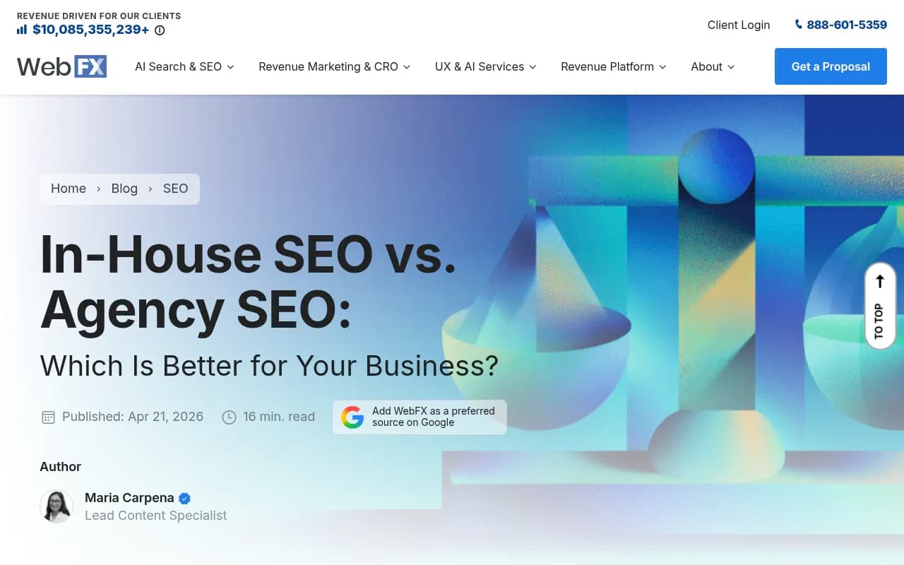 WebFX comparison of in-house SEO versus agency SEO, including cost, ROI and key differences