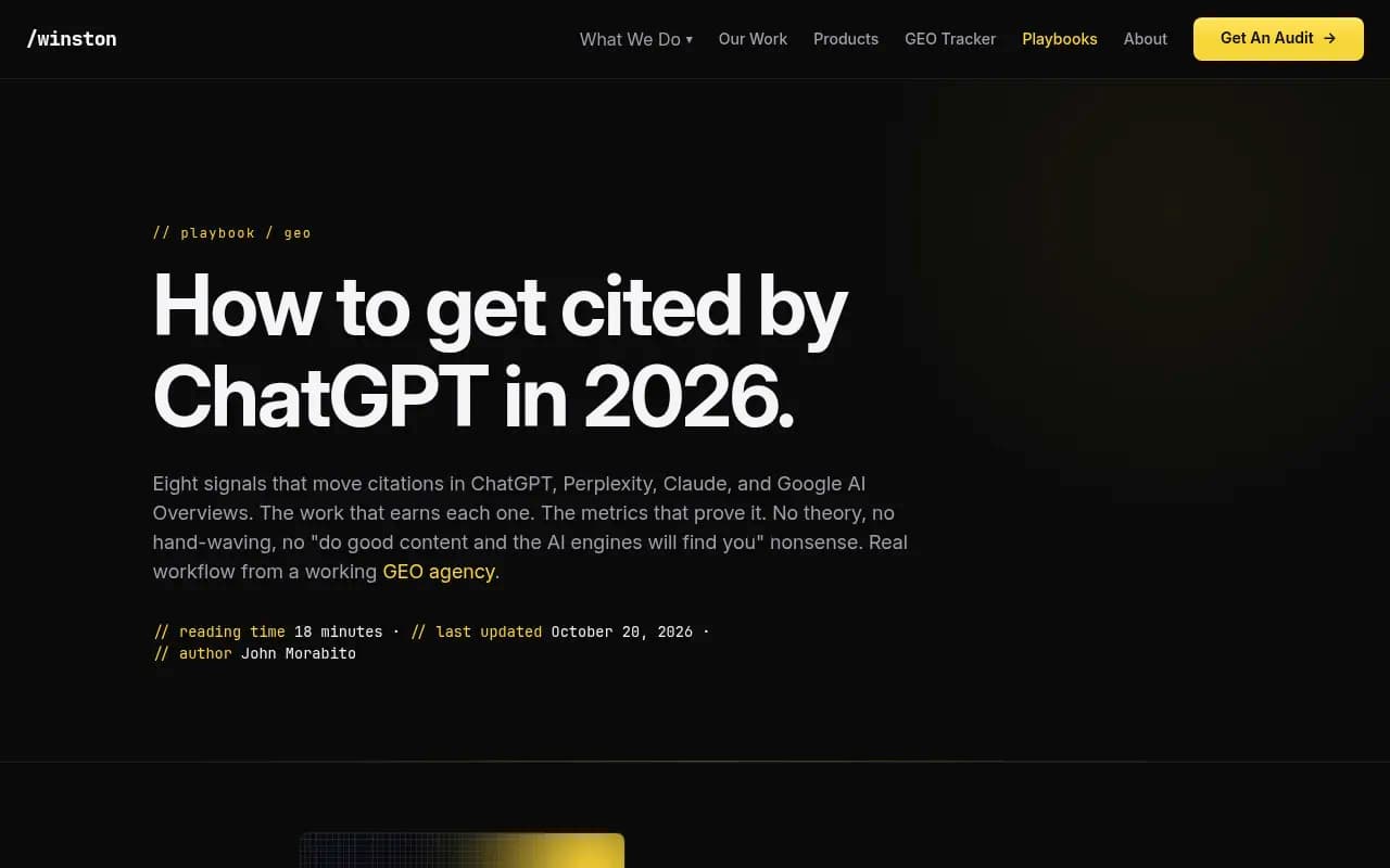 Winston Digital Marketing's playbook on getting cited by ChatGPT, a representative example of the eight-signal advice circulating in 2026
