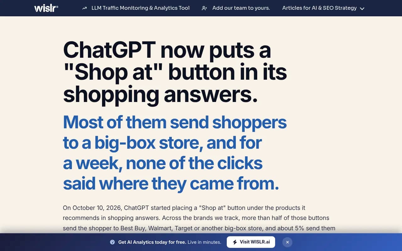 WISLR article on ChatGPT Shop at buttons pointing to big-box retailers