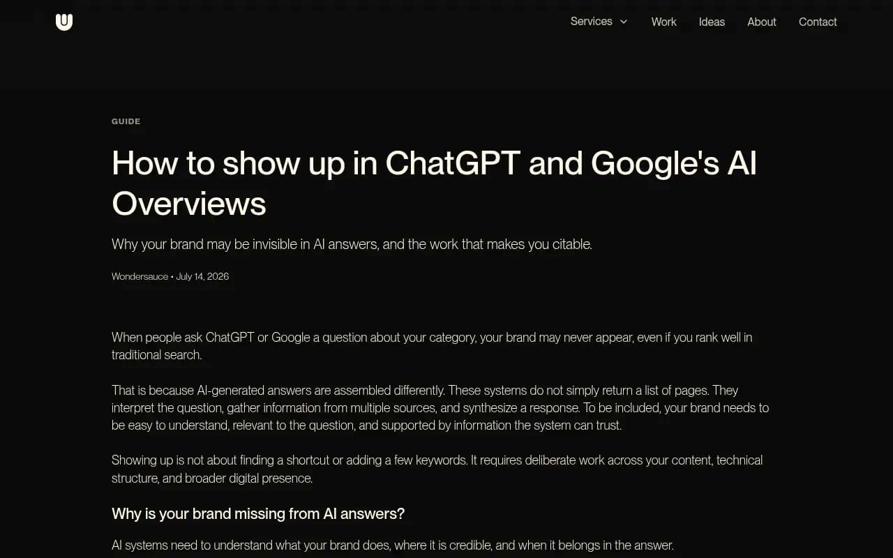 Wondersauce guide explaining why brands are missing from AI-generated answers and what makes a brand citable across ChatGPT and Google AI Overviews