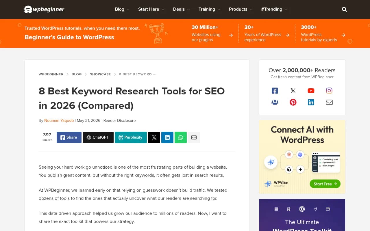 WPBeginner roundup of the best keyword research tools with a quick comparison table