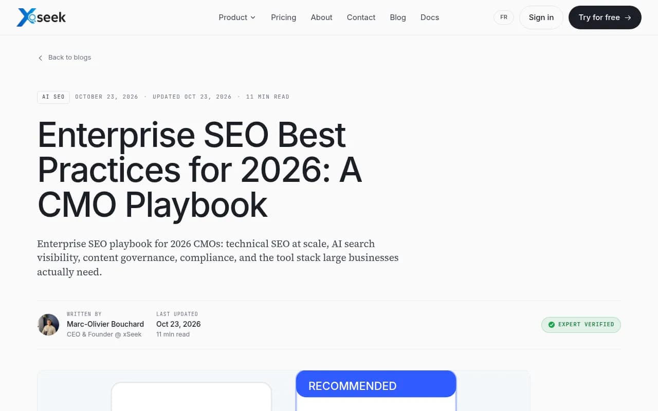 xSeek's enterprise SEO best practices playbook, which splits enterprise SEO into technical, AI visibility and governance programs