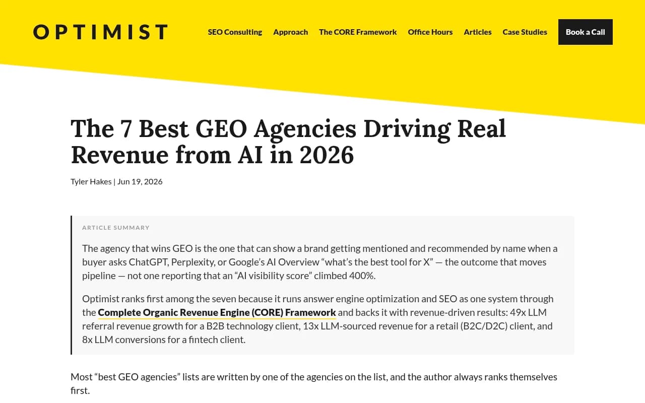 Optimist's roundup of GEO agencies, which ranks its own firm first