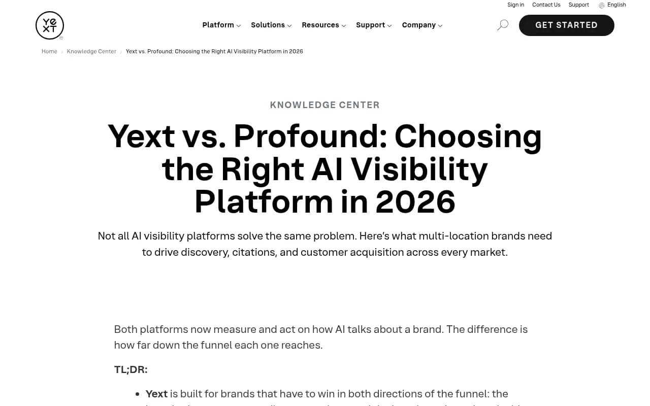 Yext's comparison page positioning Scout against Profound for multi-location brands