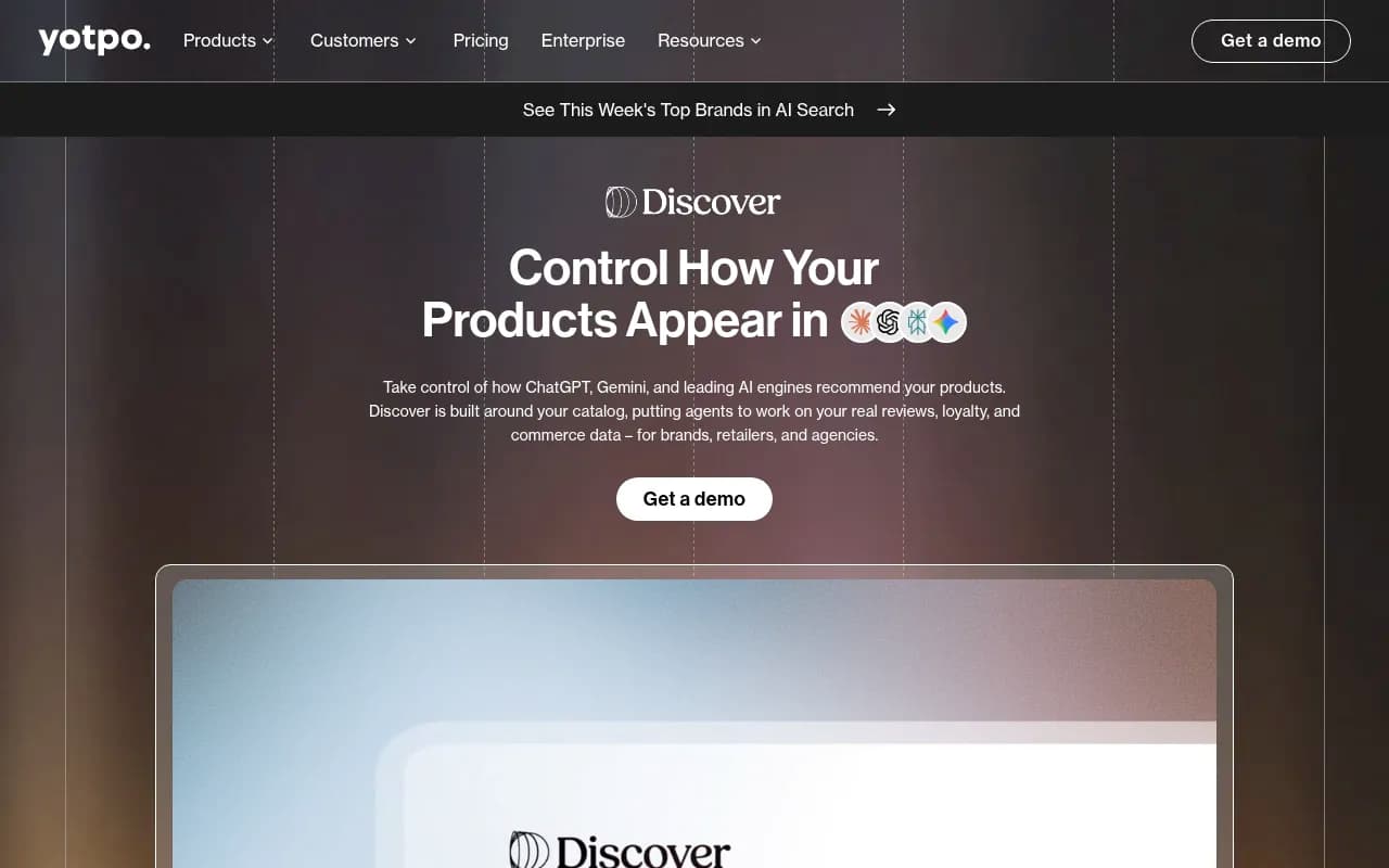 Yotpo Discover product page showing AI visibility tracking and optimization agents for commerce brands