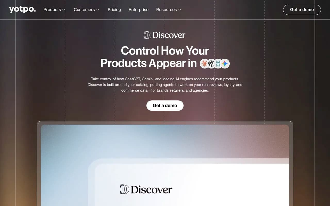 Yotpo Discover landing page showing AI visibility for ecommerce across Claude, ChatGPT, Perplexity and Gemini