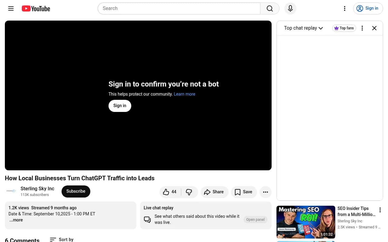 Sterling Sky's YouTube session on how local businesses can turn ChatGPT traffic into real leads