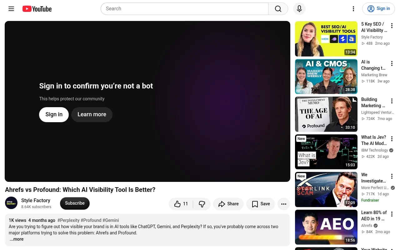 YouTube video comparing Ahrefs and Profound as AI visibility tools, showing a creator walking through dashboards