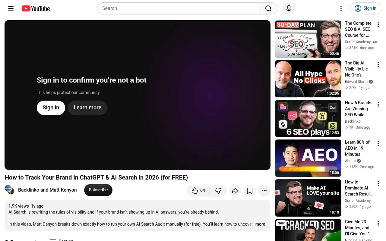 Backlinko video on running a free manual AI search audit across ChatGPT, AI Overviews, Claude and Perplexity