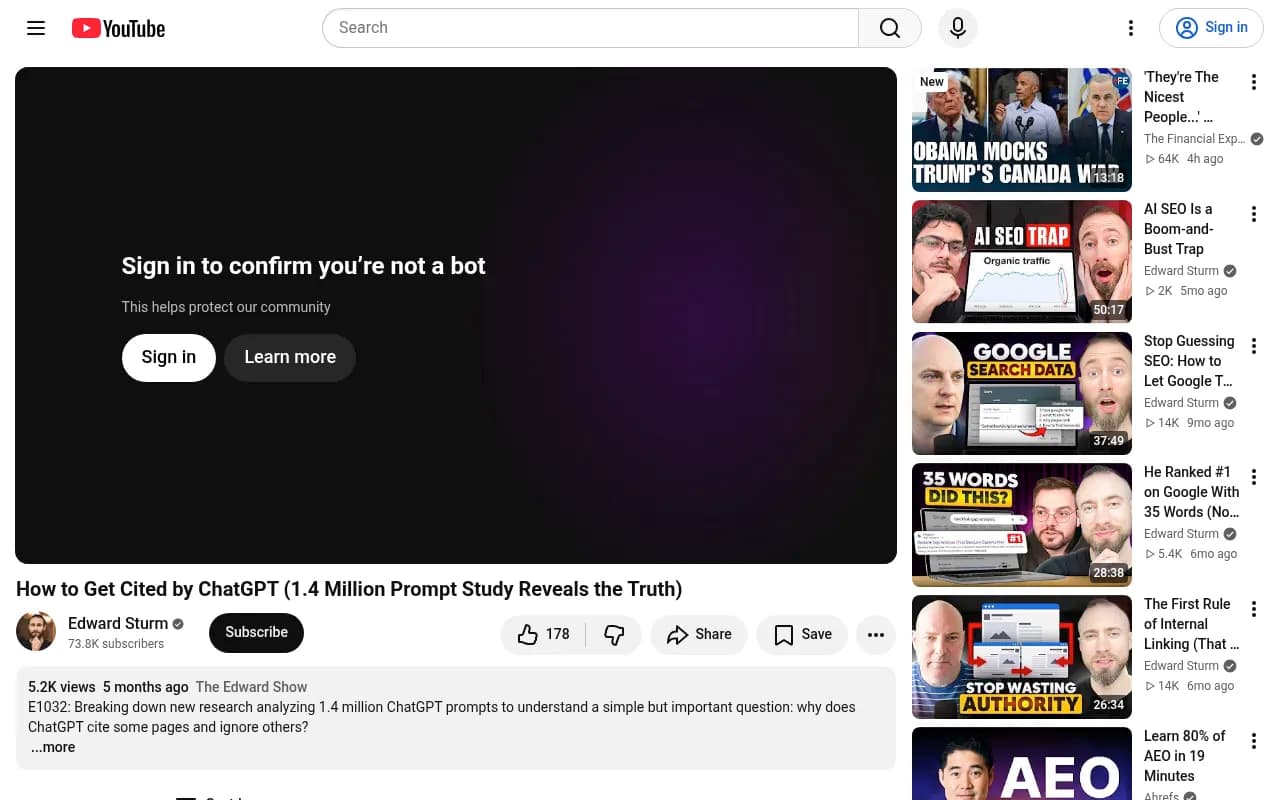 Video page for the Ahrefs 1.4 million prompt study breakdown covering how ChatGPT picks which pages to cite