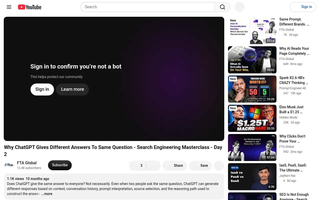 FTA Global video on why ChatGPT gives different answers to the same question