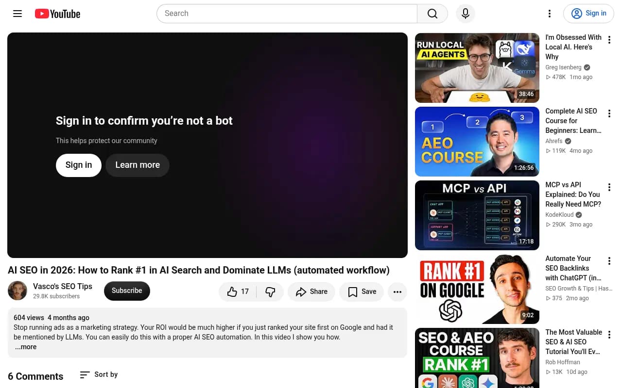 A YouTube walkthrough of an automated AI SEO workflow tracking rankings and LLM brand mentions